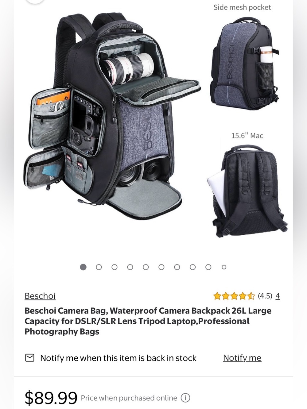 Large Beschoi Waterproof Camera Backpack Bag NEW with Tags NWT gray black - Picture 5 of 7
